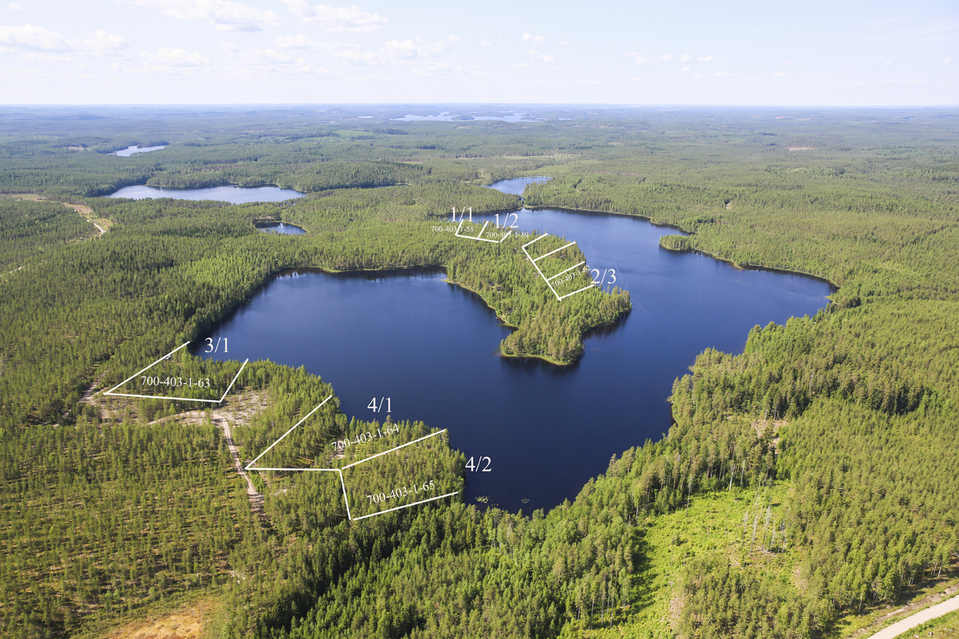 Tonttien kaavoja piirrettynä metsän ylle järven rantaan. Järven takana metsää ja vesistöä. Ilmakuva.