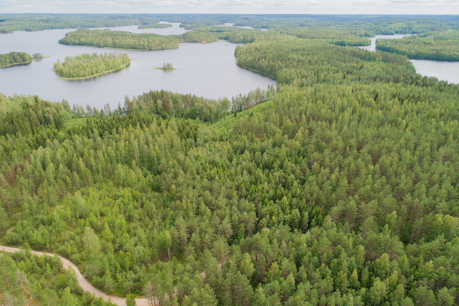 Ilmakuvassa tie mutkittelee metsän läpi, ja metsäalueita reunustaa ylälaidassa vesistö.