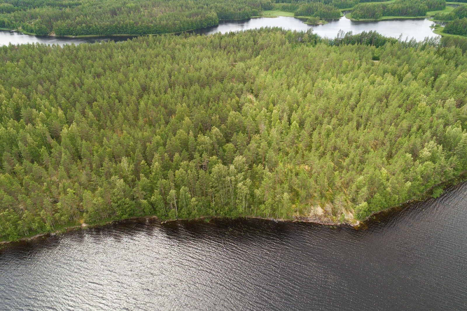 Ilmakuvassa kallioisella järven rannalla kasvaa metsää ja taka-alalla on lisää vesistöä.