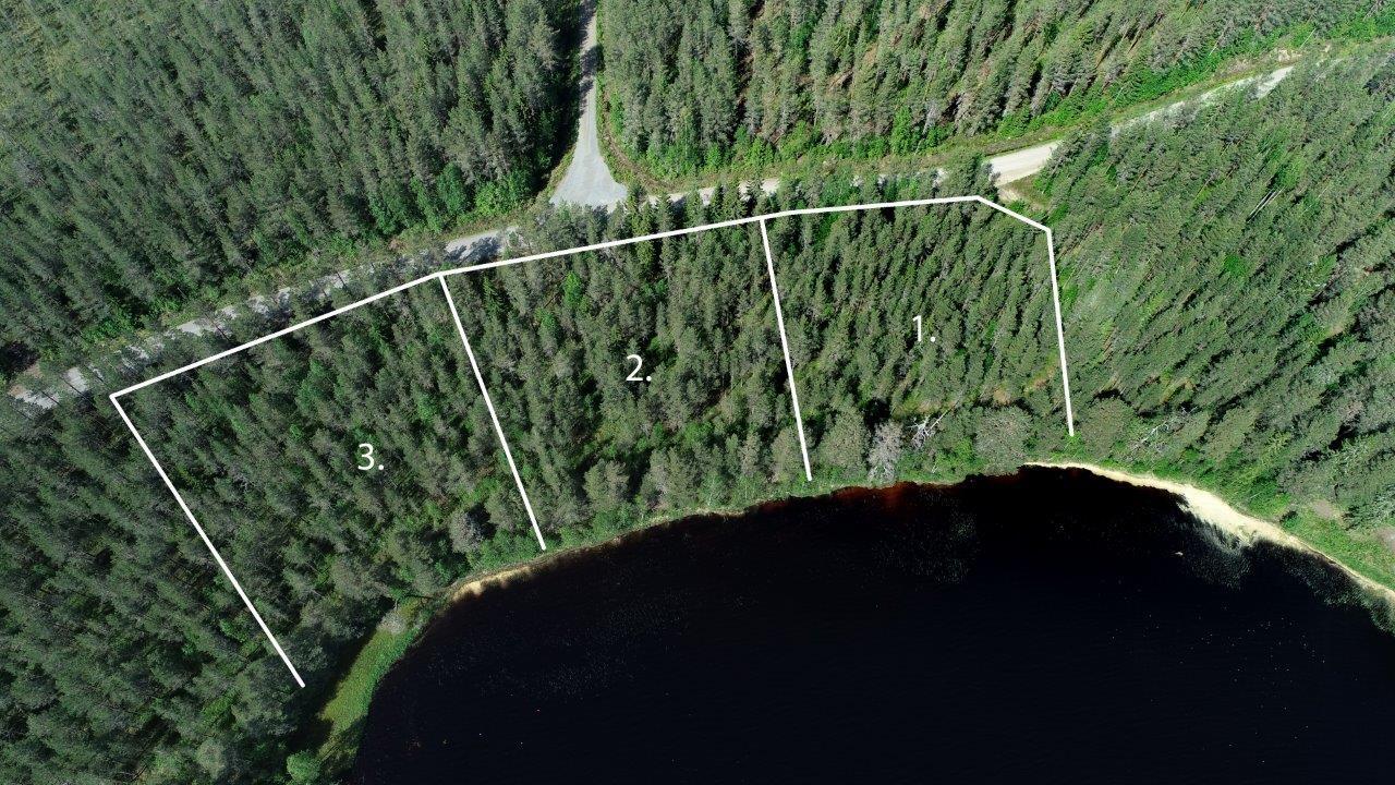 Kolmen tontin kaavat piirrettynä kesäisen metsän ylle järven rantaan. Tie vie tonteille. Ilmakuva.