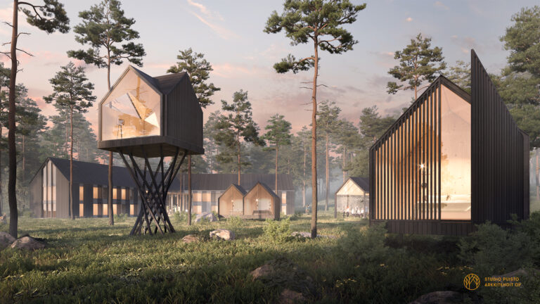 Havainnekuva puisista rakennuksista. Etualalla korkeiden jalkojen päälle rakennettu pikkumökki.