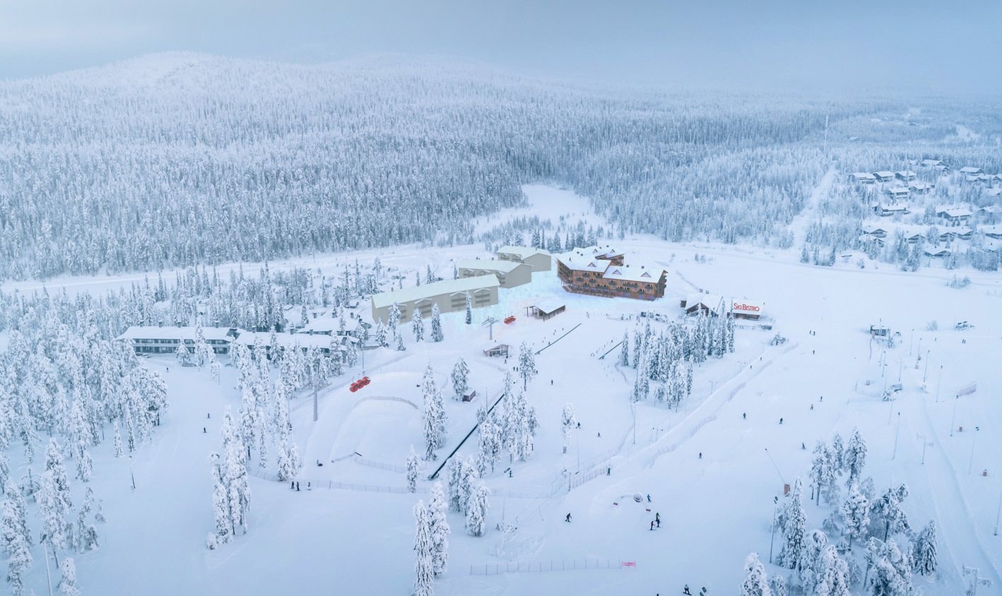 Rakennettavat rakennukset vaalean ruskeana talvisen rinteen alaosassa, gondolihissin vieressä.