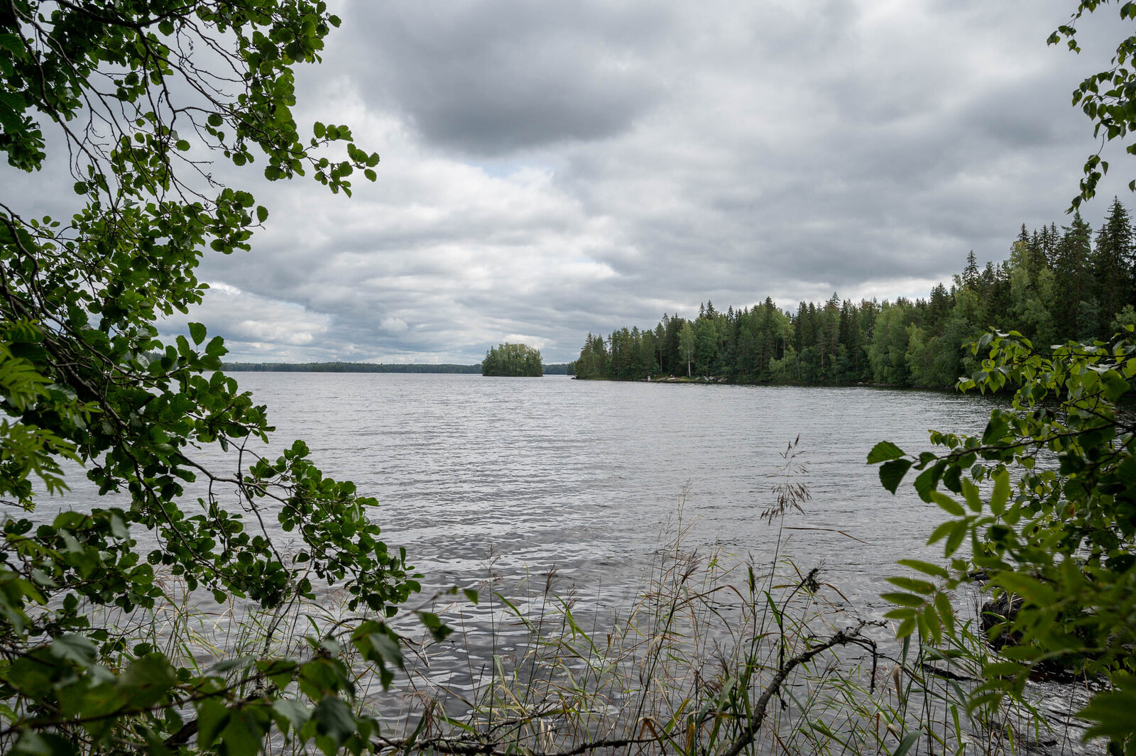 Järvi aaltoilee harmaana, taivaalla on harmahtavia pilviä.