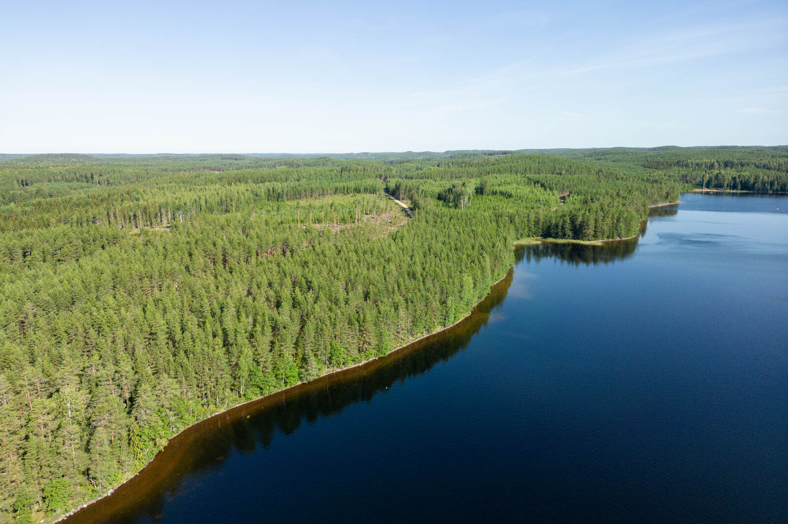 Ilmakuvassa rantaviivaa aina Kivilahteen saakka. Mantereella vihreää metsää, järvi on tummansininen.