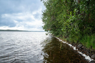 Kivistä rantaviivaa, järven aallot ovat tehneet rantaviivaan vaahtoa. Mantereella kasvaa lehtipuita.
