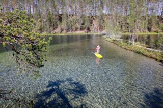 Henkilö seisoo sup-laudalla melomassa lammella.