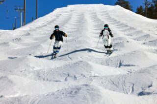Kaksi henkilöä laskee rinnakkain alas kumparemäkeä.