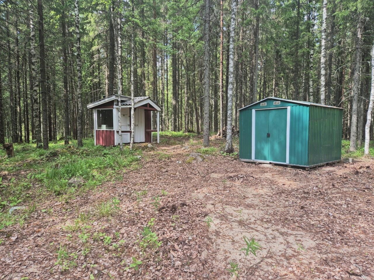 Pieni huussi-varasto ja peltivarasto metsäisessä ympäristössä.