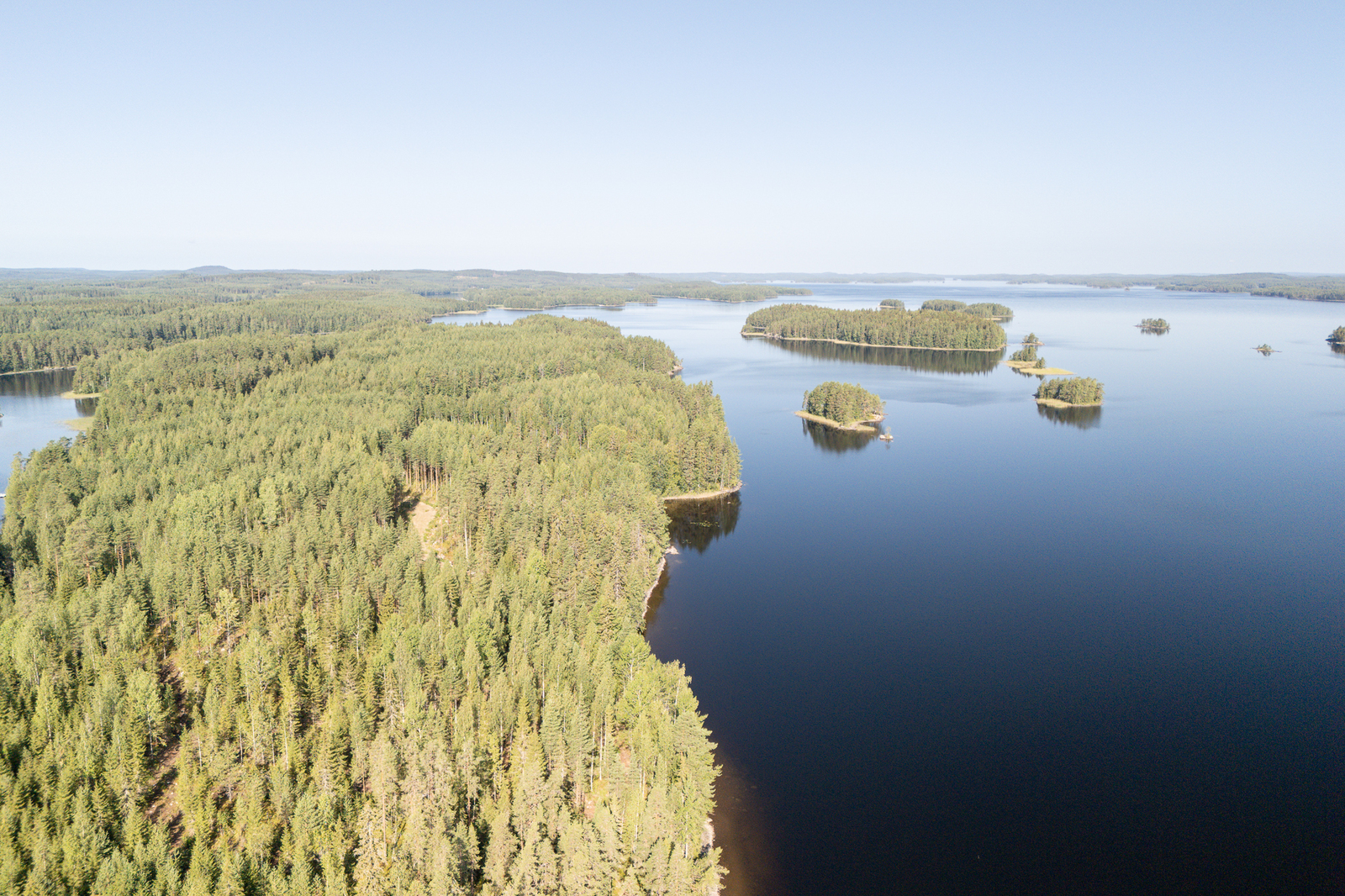 Metsäisiä saaria järvellä, mantereella kasvaa havupuita.