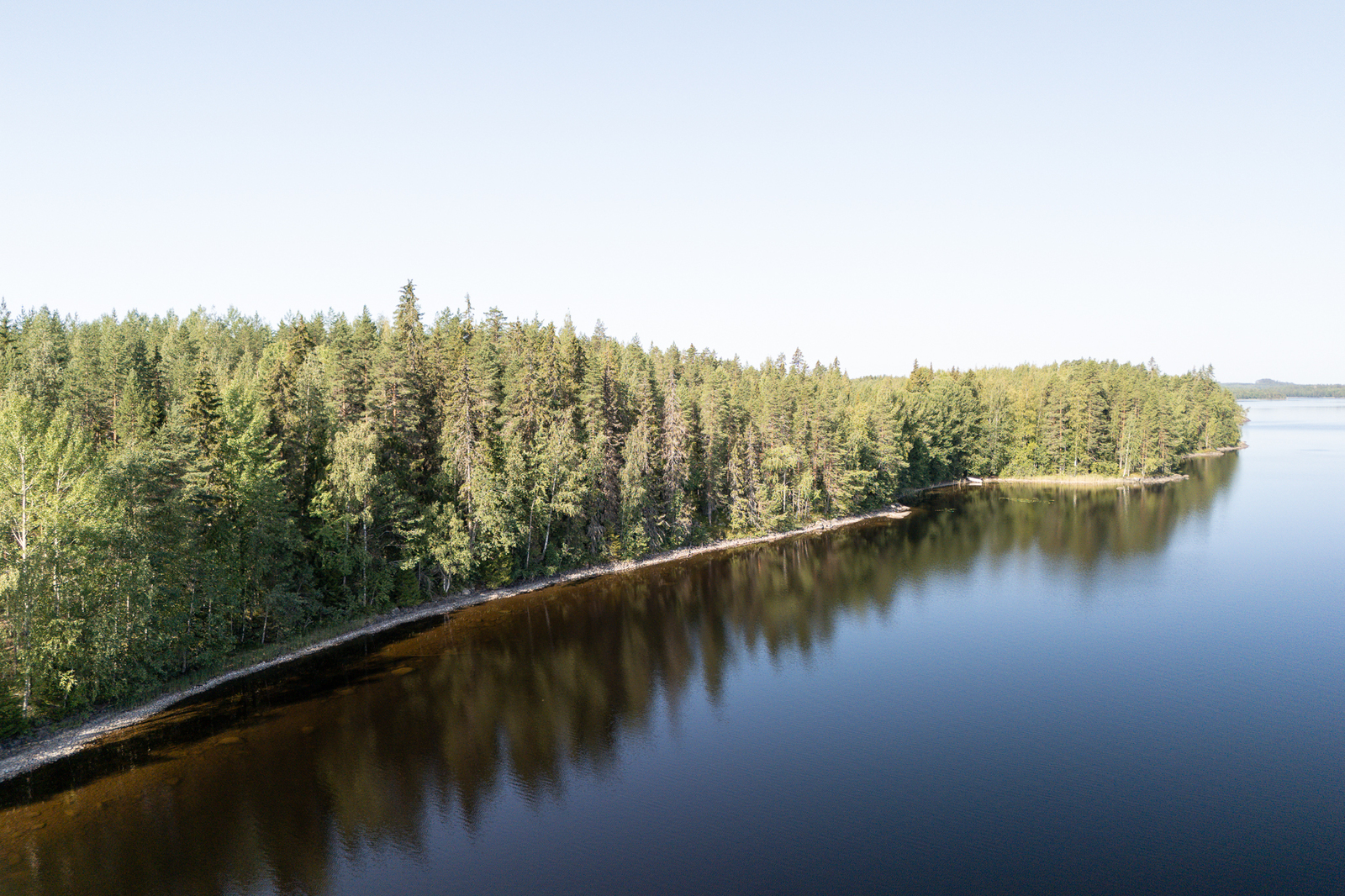 Ilmakuvassa metsää silmänkantamattomiin, järven vesi on kirkasta.