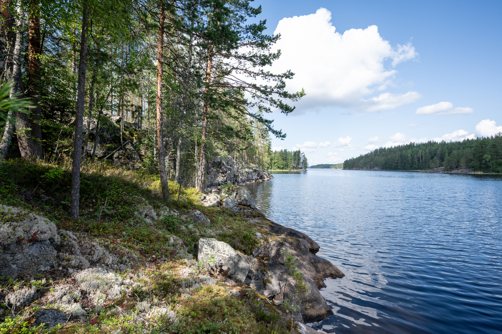 Rantakalliolle paistaa aurinko, vastarannalla näkyy metsää.