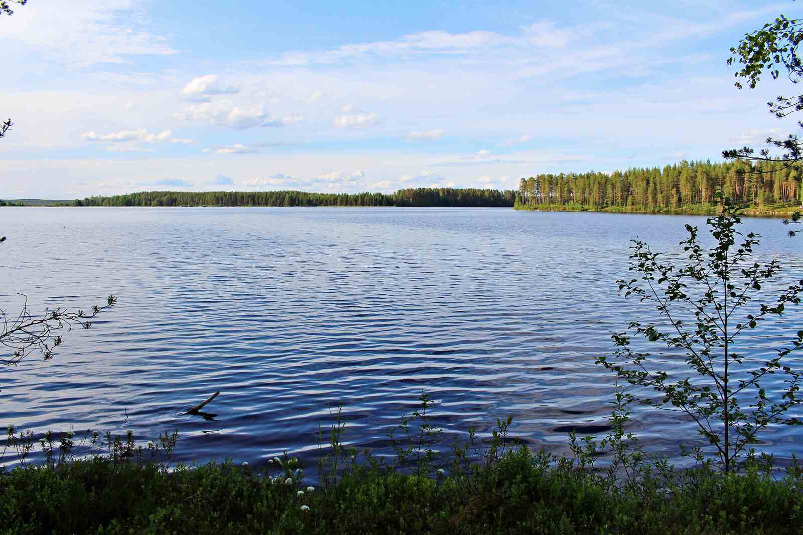 Kesäinen maisema järvelle, toiselle rannalle paistaa aurinko, pilviä on taivaalla.