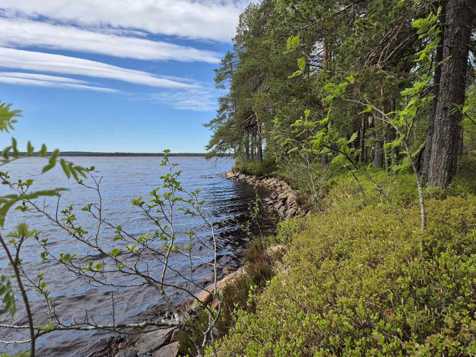 Kivinen rantaviiva, järven pinta aaltoilee, taivaalla on hieman pilviä.