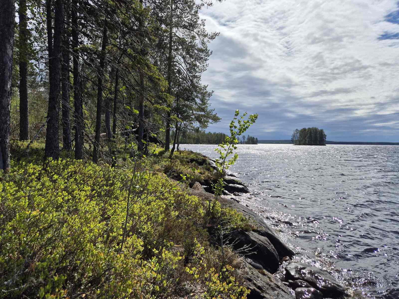 Tontin kivistä ja kallioista rantaa, kaukana järvellä näkyy yksittäinen saari.