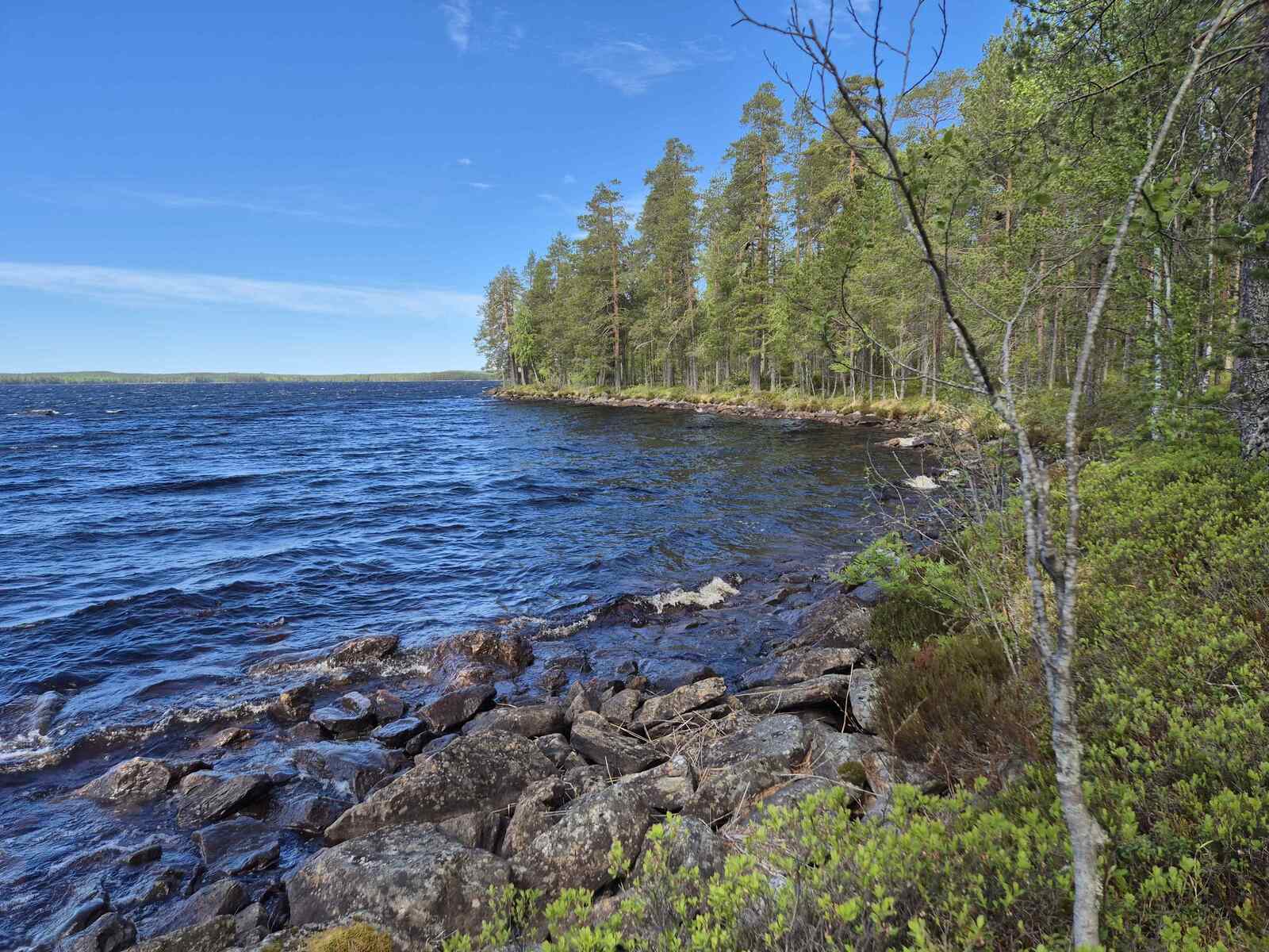 Vaahtopäiset aallot lyövät tontin kivikkoiseen rantaan.