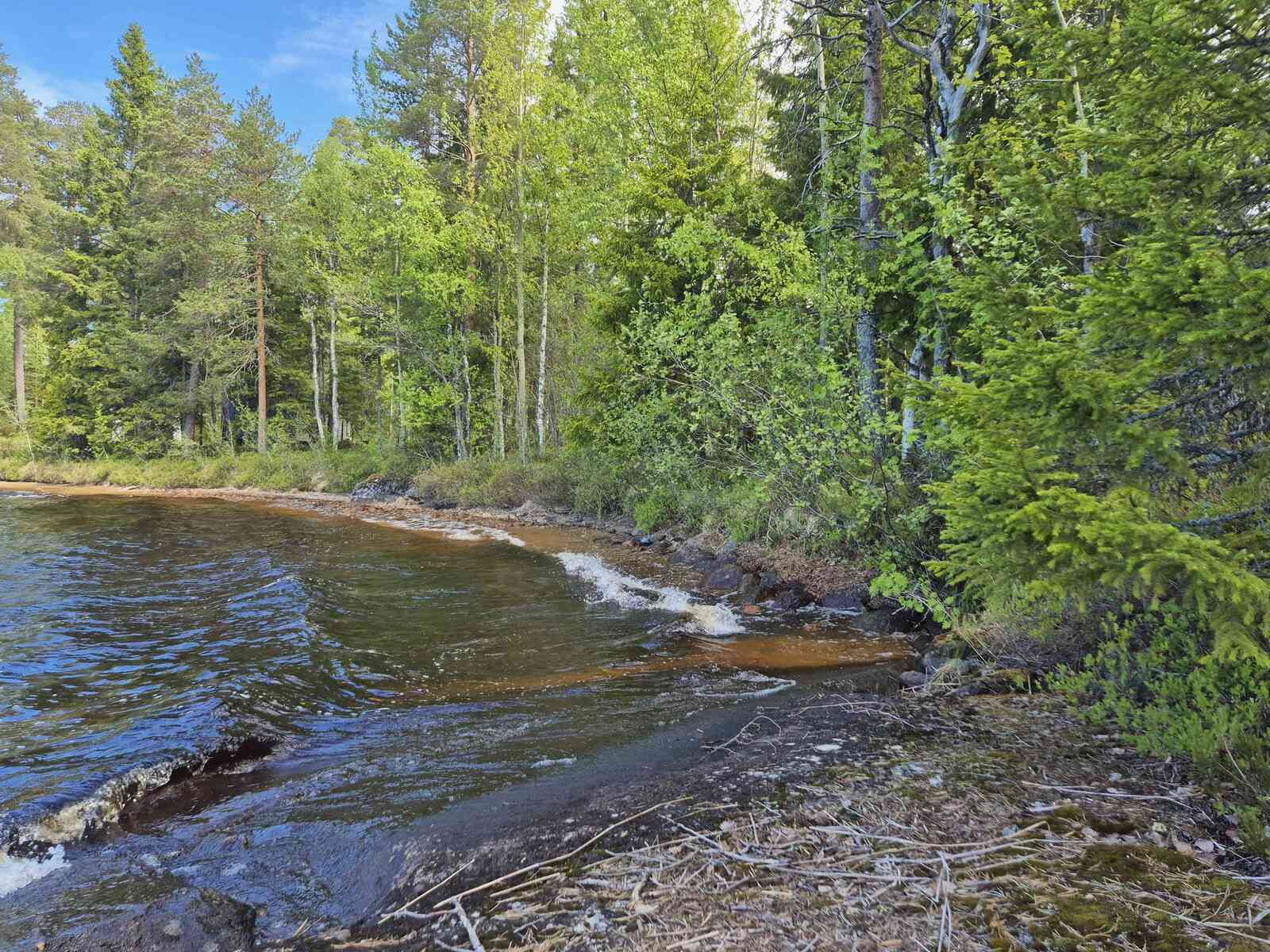 Aallokko iskee tontin hiekkarannalle, mantereella on runsaasti puustoa.
