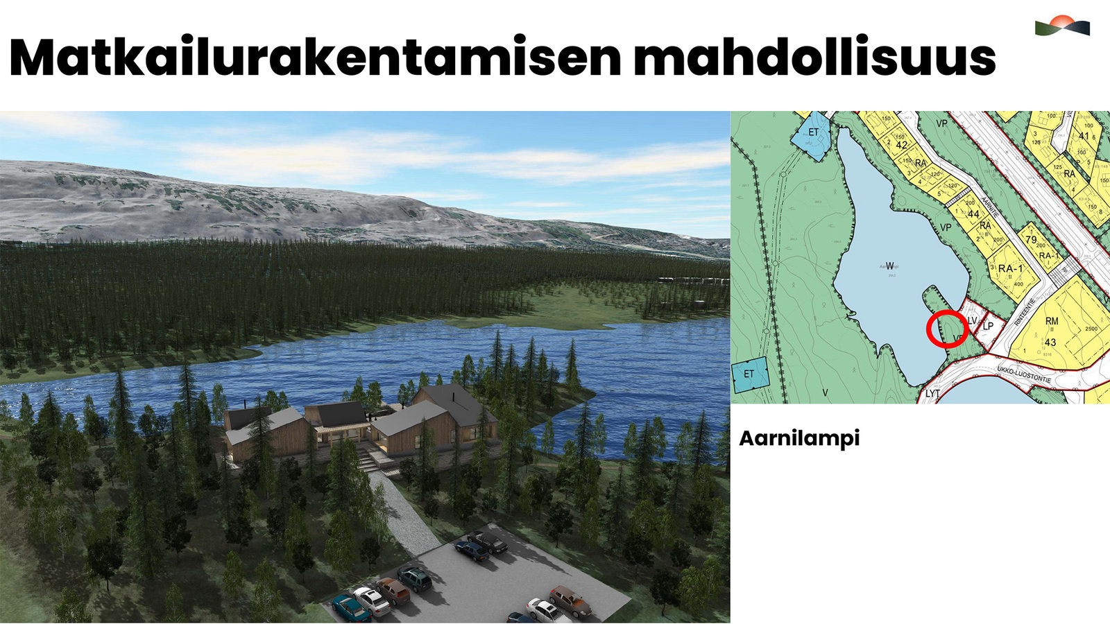 Havainnekuvaan on mallinnettu rakennus ja pysäköintialue.