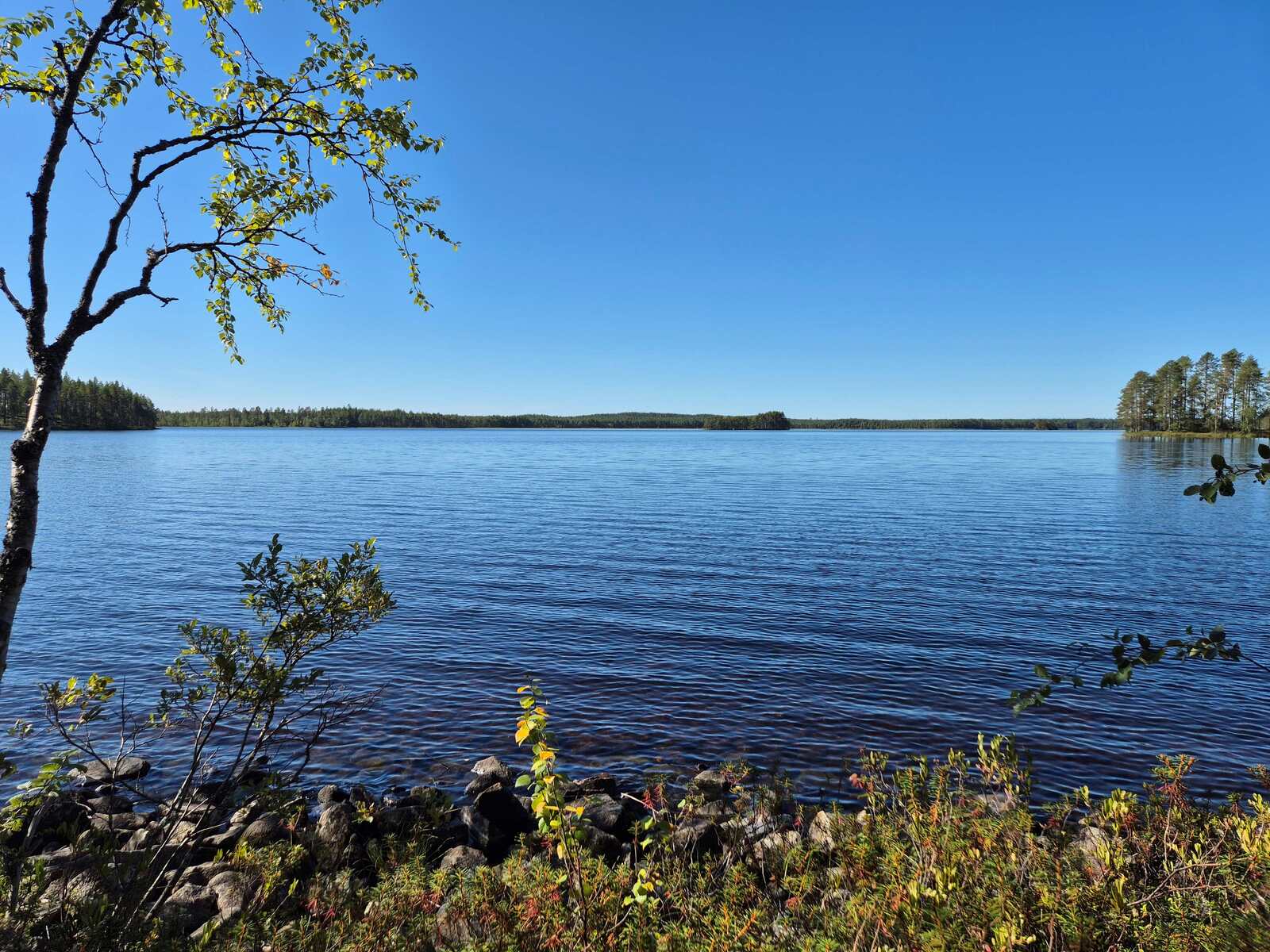 Järvimaisema, kaukaisuudessa näkyy vastaranta, etualalla rannassa on paljon kiviä.