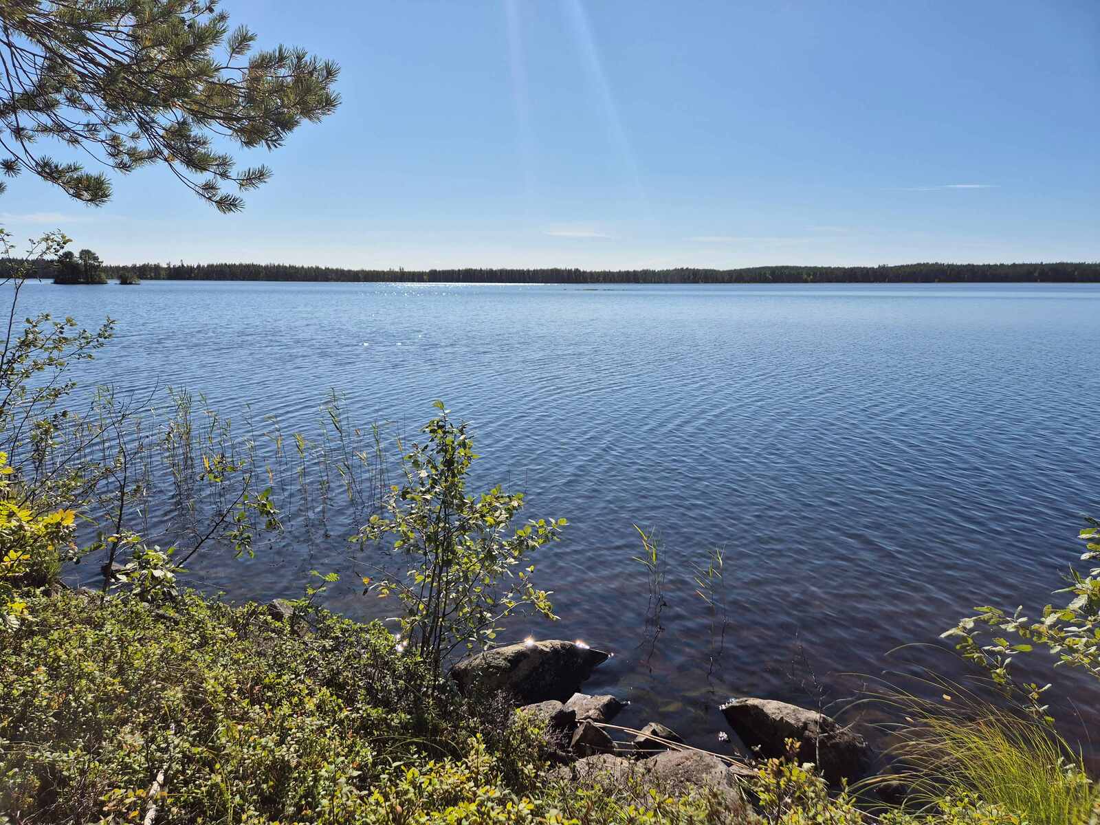 Rantavedessä on isoja kiviä, kaukaisuudessa näkyy vastaranta, aurinko paistaa.
